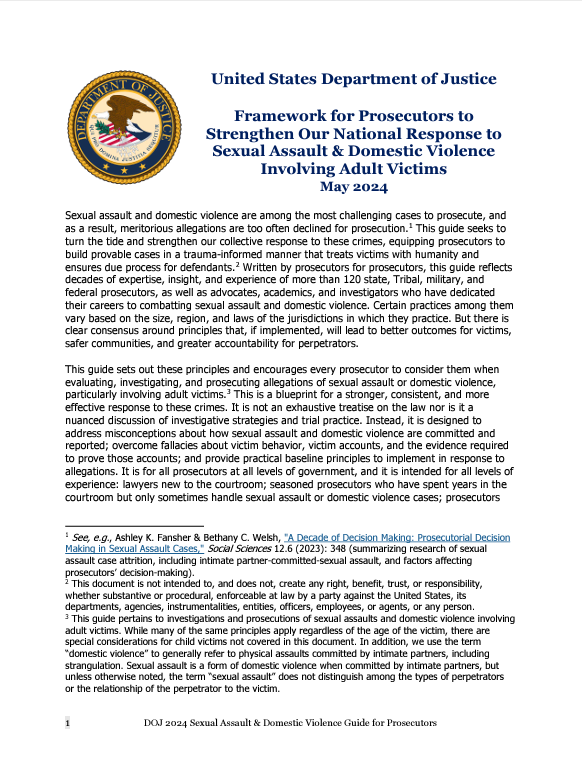 New resource thumbnail for Framework for Prosecutors to Strengthen Our National Response to Sexual Assault & Domestic Violence Involving Adult Victims 